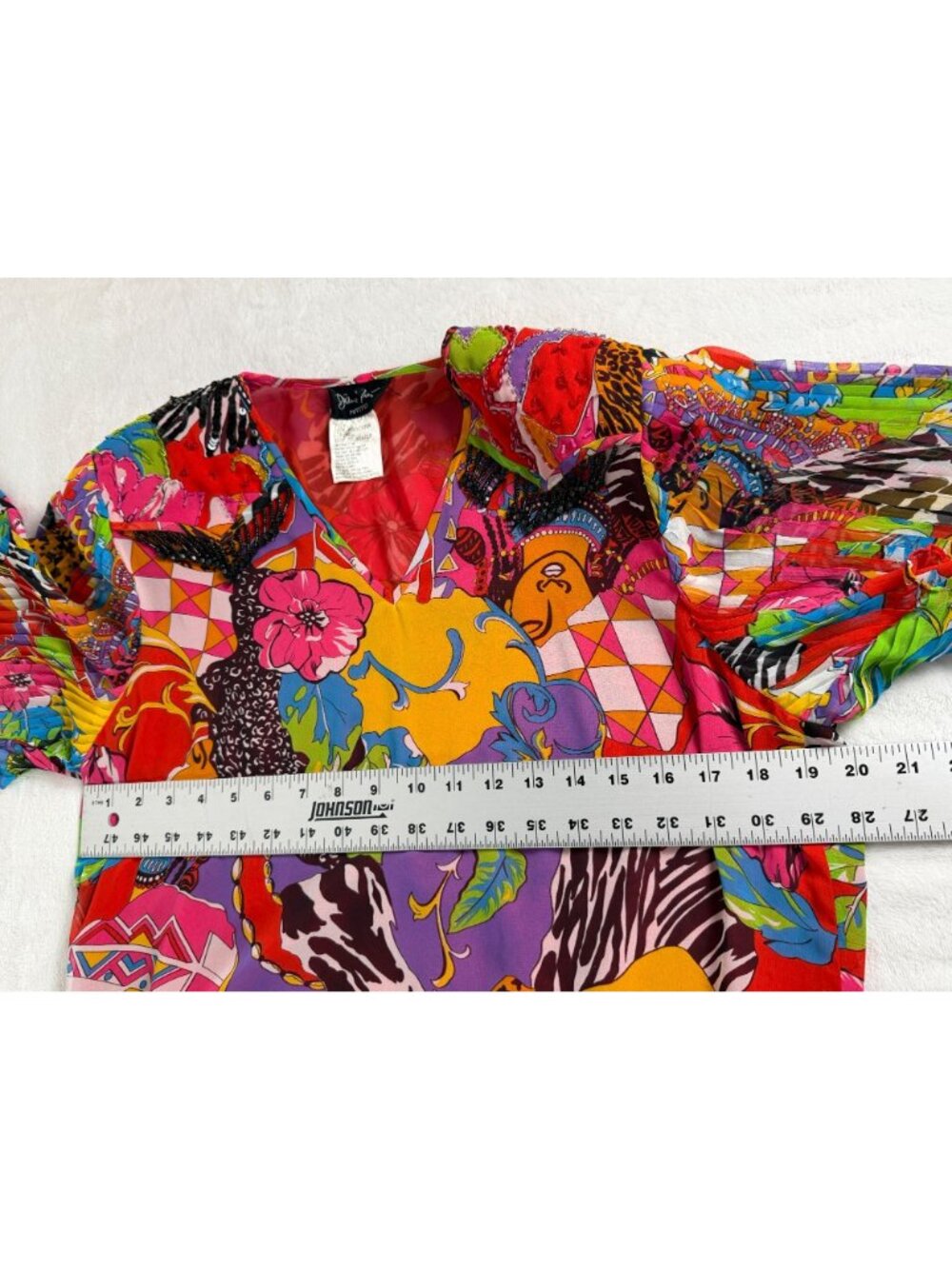 VINTAGE Diane Freis Petites Womens Multicolor Abstract Georgette Beaded Blouse - Picture 8 of 9